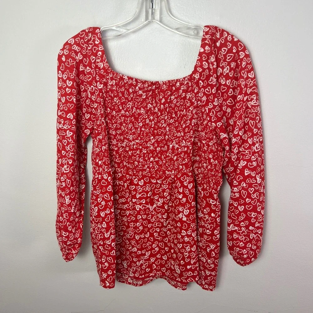 LOFT Petites Red White Heart Print Smocked Square Neck Long Sleeve Top Size 6P - Picture 8 of 10